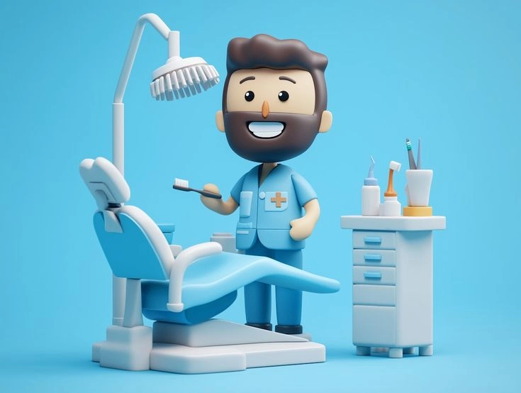 3D cartoon illustration of a happy dentist with dental chair and tools, representing the best dental clinics in Kasaragod offering quality care.